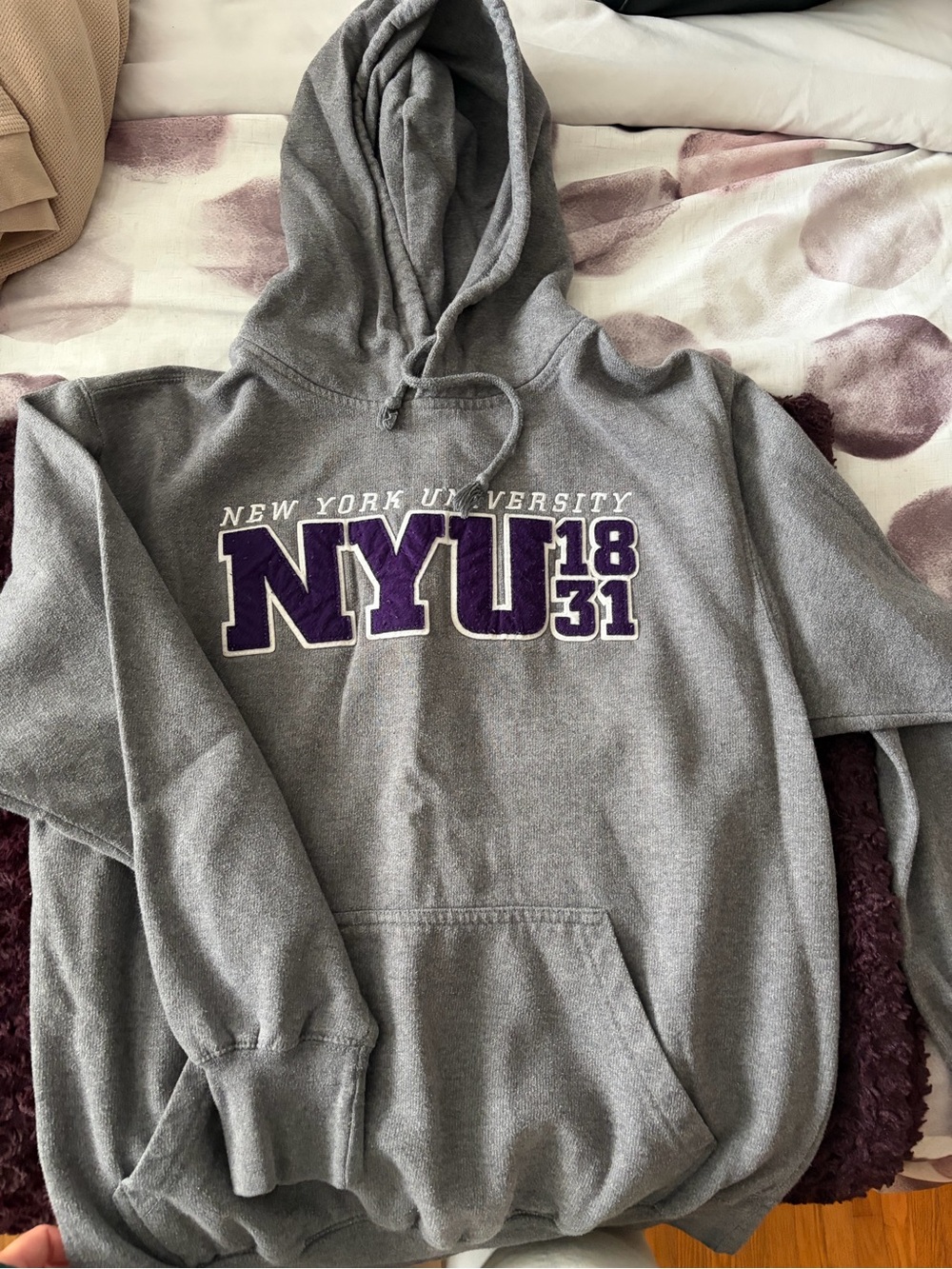 NYU Gray Hooded Sweatshirt with Purple Logo